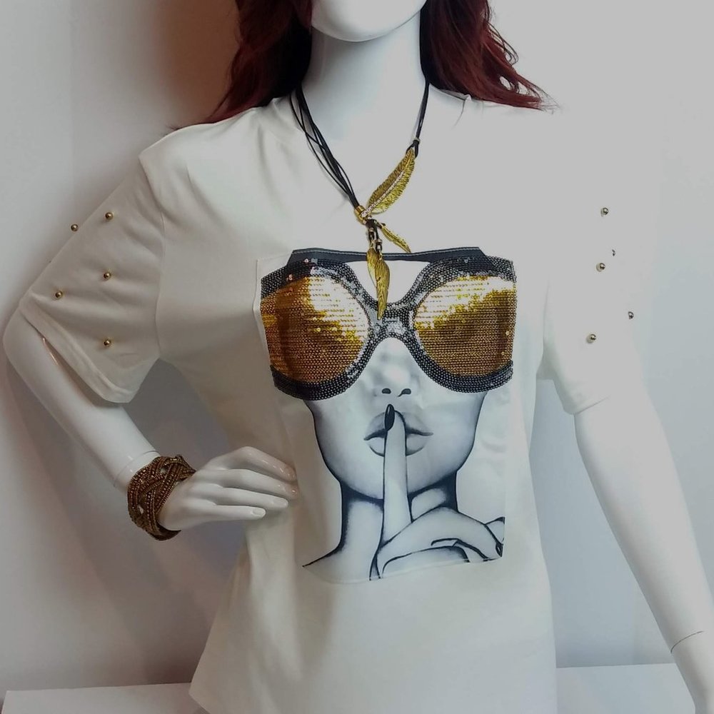 PESION Sequin "Undercover" Tee w/Necklace